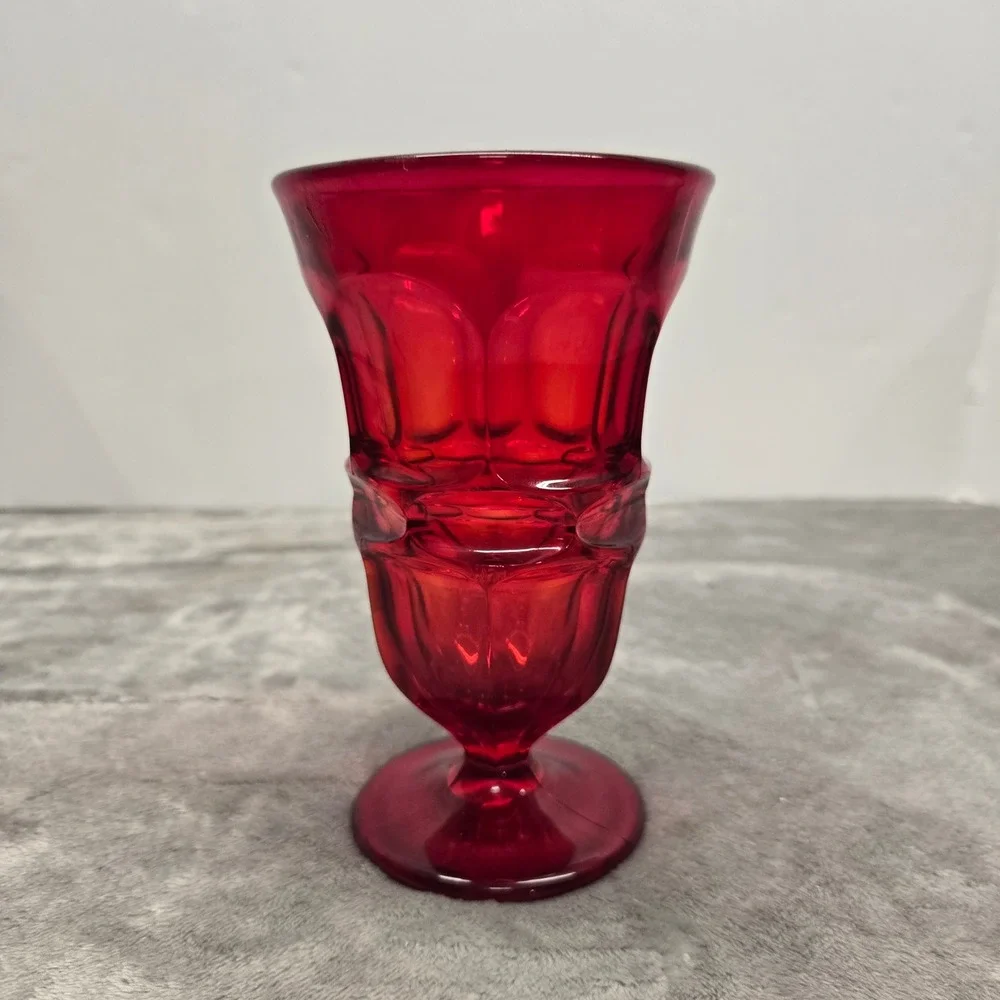 Vintage Ruby Red Glass Goblet Paneled‎ Footed Water Wine Glass 5.25 Inch